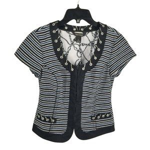 White House Black Market 2 Short Sleeve Blazer Jacket Nautical Stripe Black Blue